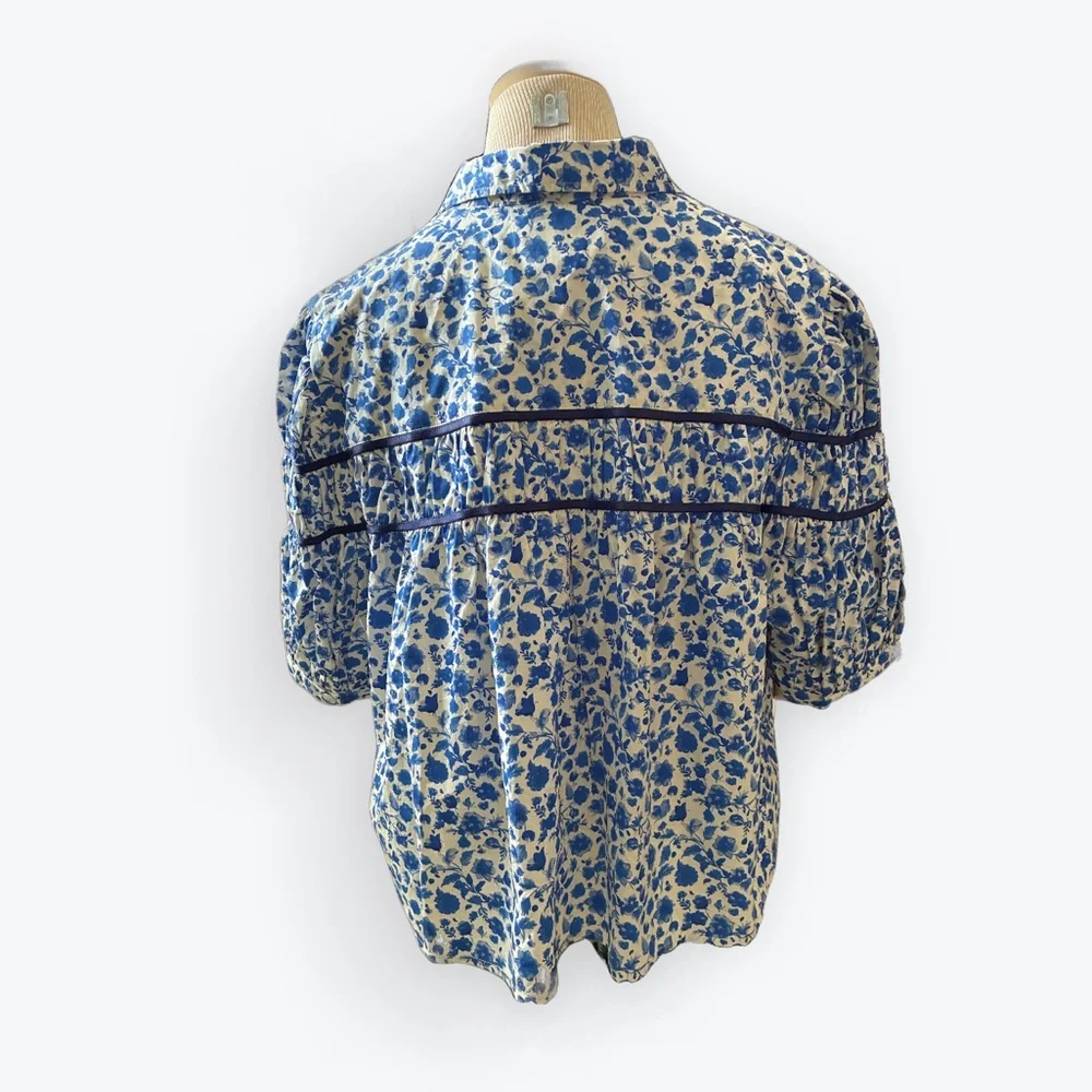 NWT Anthropologie Maeve Leandra Shirred Yoke Shirt Blue White Floral Cotton XL - Picture 4 of 11